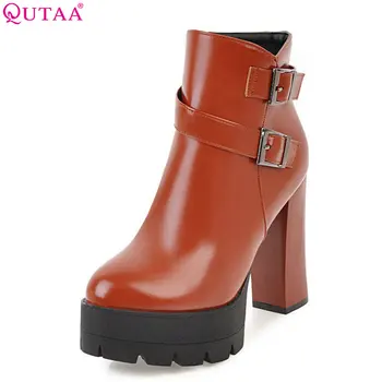 

QUTAA 2018 Pu Leather Women Ankle Boots Fashion Square High Heel Platform Zipper Round Toe Ladies Motorcycle Boots Size 34-43