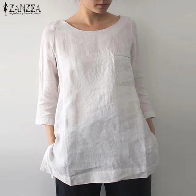  Summer O Neck 3/4 Sleeve Blouse Women Cotton Linen Tops ZANZEA Robe Femme Work Shirt Loose Chemise 