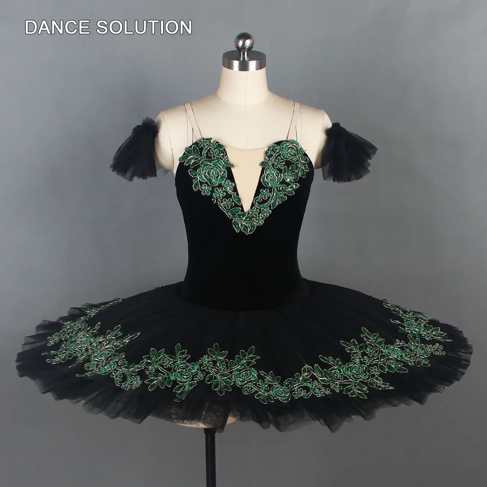Черный бархат камзол с зеленым аппликация для профессиональных занятий балетом, танцами с юбкой-пачкой для девочек Для женщин сценический костюм для шоу блин танцевальная одежда BLL110