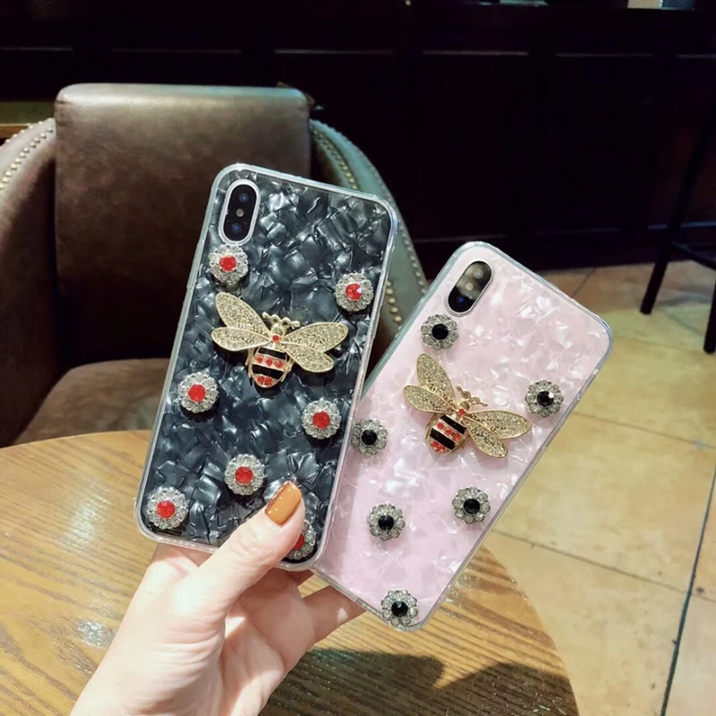 Aoweziic Luxury Marble Rhinestones Bee Case For iPhoneX 7 6 6S 8 Plus XS MAX XR glitter Sea shell Diamond Conch TPU Cover Back