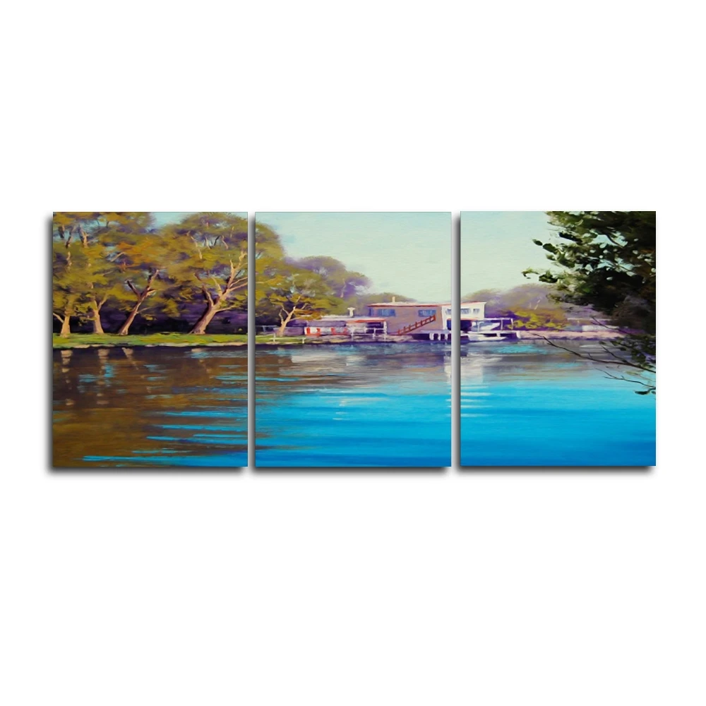 

Laeacco 3 Panel River House Outside Posters and Prints Wall Artwork Vintage Canvas Painting Living Room Nordic Home Decoration