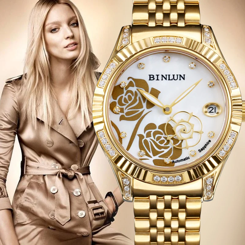BINLUN блестящие серебряные женские Автоматические часы роза резьба циферблат Алмазный Корпус леди Механические часы Роскошные женские