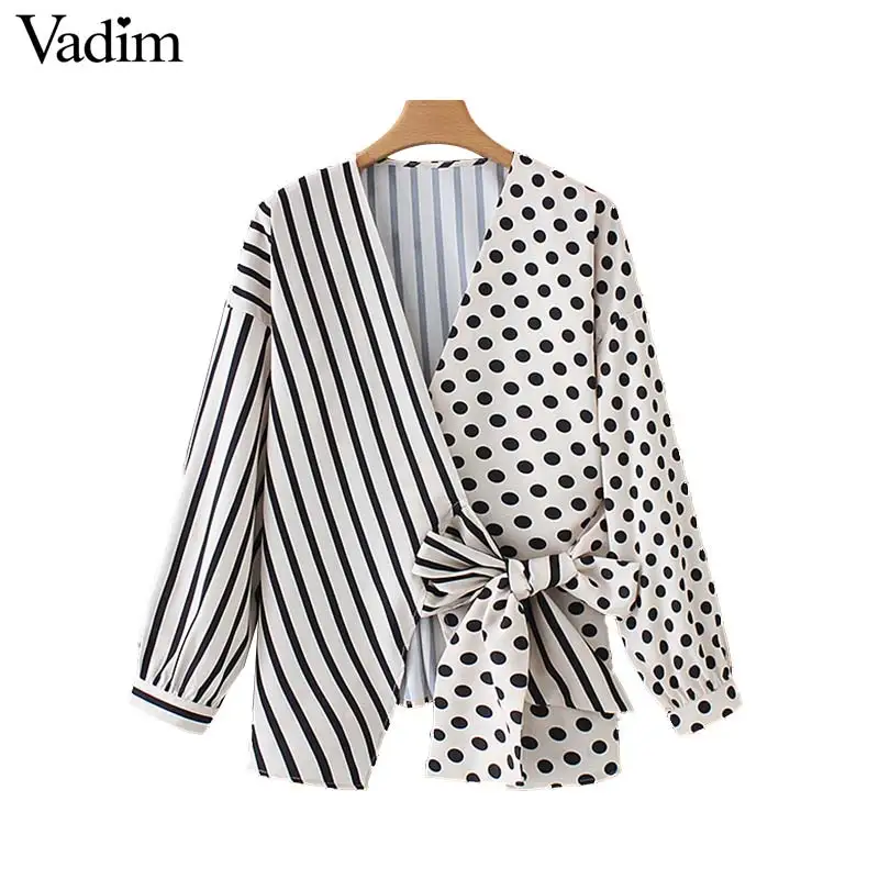 

Vadim women dot print wrap blouse patchwork V neck bow tie long sleeve casual female shirt chic tops blusas LB103