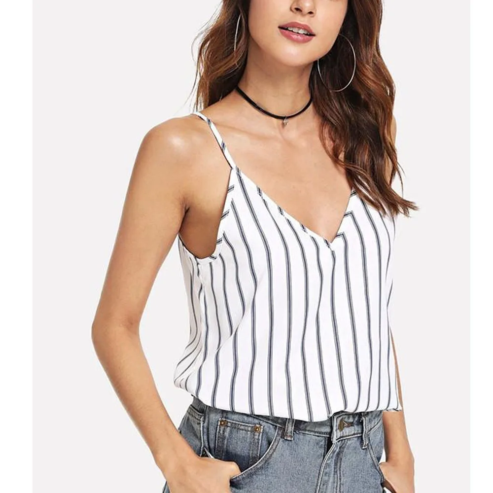 

Women Summer Sexy Sling Vest V-Neck Tops Stripe Color Camis Ladies Casual Loose Soft Wild Sleeveless Tops 2019 NEW