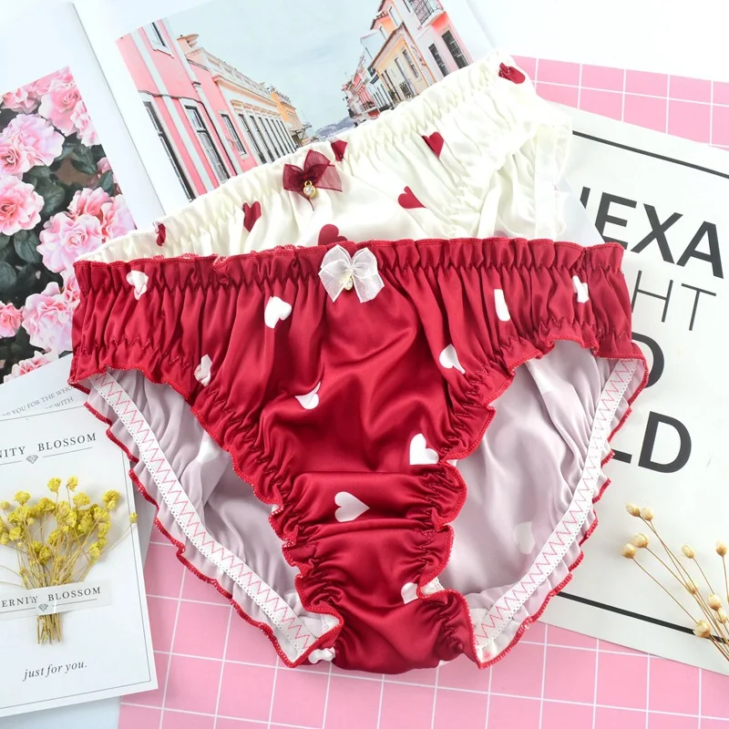 Sweet Strawberry Red Ribbon Bow Chiffon Panties Ruffle Low Waist Cotton Briefs