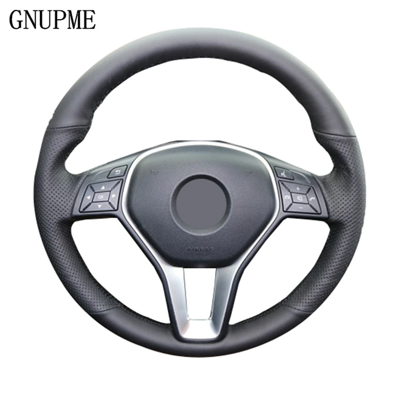 GNUPME Genuine Leather Hand Stitched Black Car Steering Wheel Cover for