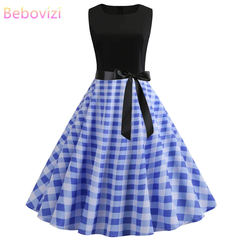 

Bebovizi 2019 Summer New Women Casual Office Vintage Dresses Blue Plaid Print Elegant Plus Size Black Patchwork Bandage Dress