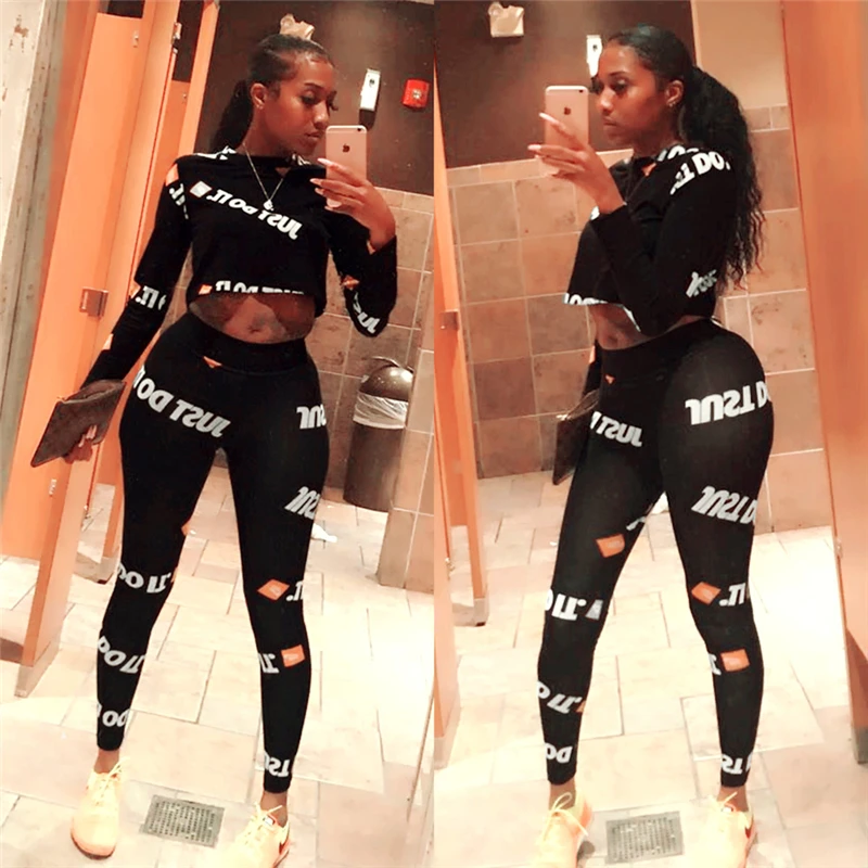 Letter Printed Sexy 2 Piece Set Autumn Long Sleeve Crop Top And Skinny Full Length Pants Women Black Casual Outfits GRNSHTS