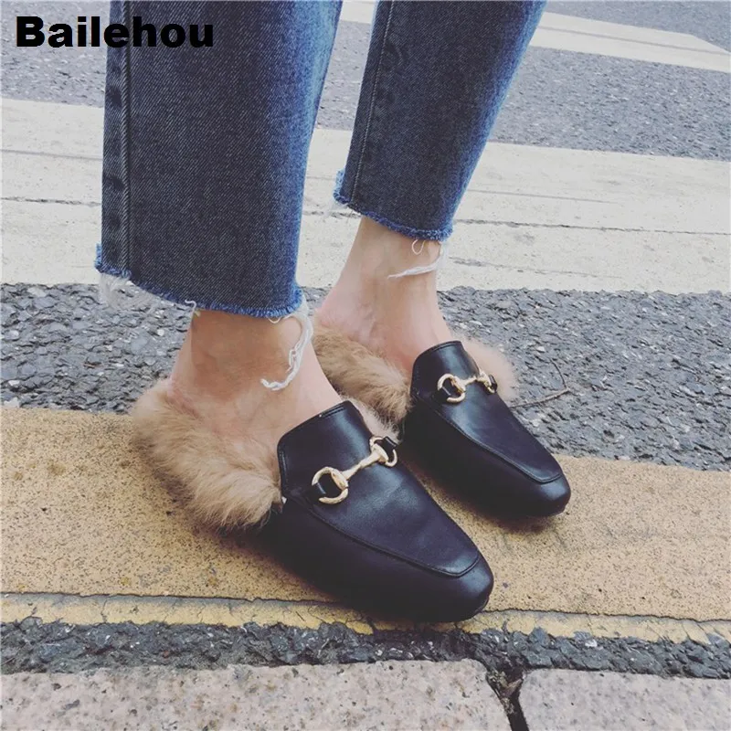 Goede Vrouwen Bont Slippers Pluche Thuis Slipper Slip Op Mule Vrouwen Platte Casual Schoenen Britse Gesp Loafer Vrouwen Outdoor Slipper Chaussure