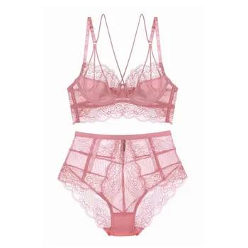 

Varsbaby sexy deep V wire free multiple shoulder straps beauty back Y-lined bras full lace hollow high-waist panties bra set