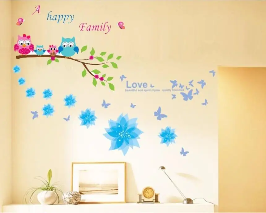 Home Decor Owl And Flowers Happy Family Wall Stickers and Murals Decals wall sticker Deco mirror AU11 | Дом и сад