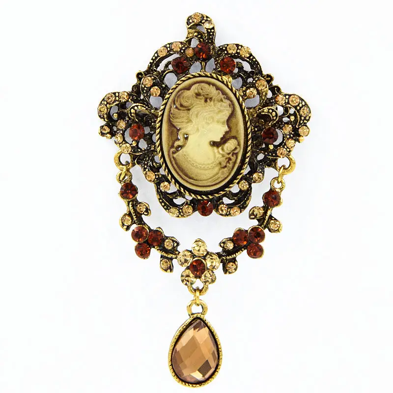 

DHL FEDEX EXPRESS SHIPPING Cheap Wholesale Antique Gold Alloy Vintage Style Queen Head Cameo Brooch Crystal Drop Pendent Pins