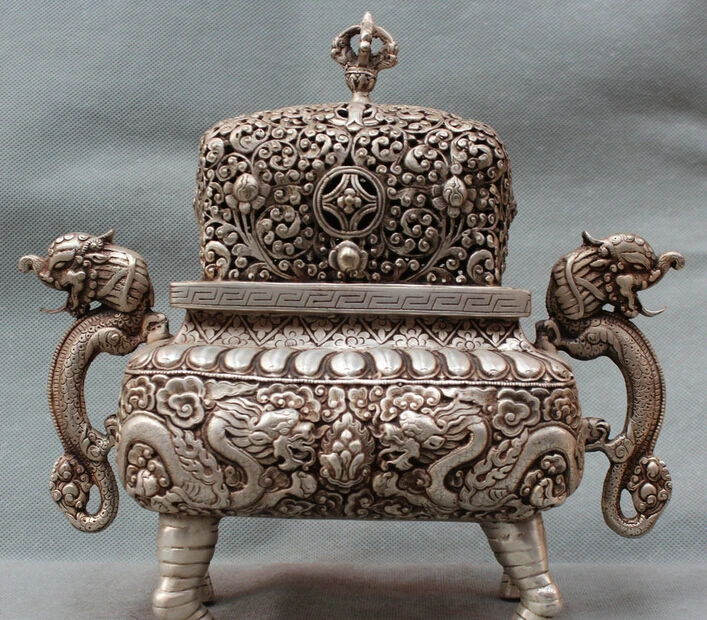 

11" Chinese Tibetan Buddhism Silver Vajra 2 Dragons Statue Incense Burner Censer R0710