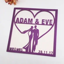 100 шт. темно-фиолетовые пользовательские имя и дата свадебные приглашения лазерная резка, для свадьбы карты для свадьбы, помолвки пригласительные карты