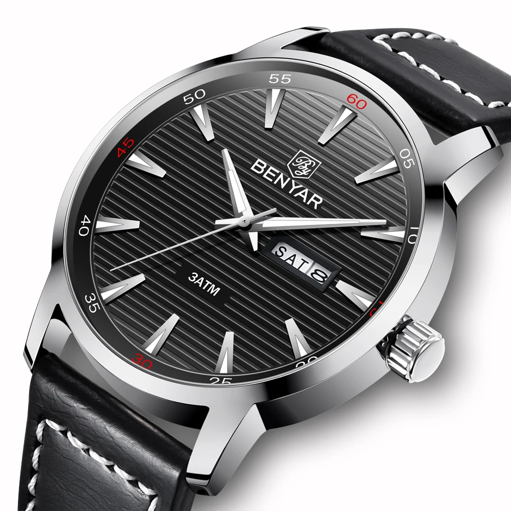 

BENYAR Reloje 2019 Men Watch Male Leather Automatic week date Quartz Watches Mens Luxury Brand Waterproof Sport Clock Relogio