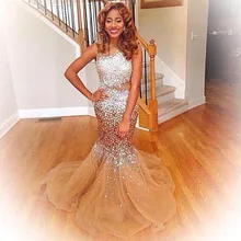 Luxury 2017 Long Mermaid Evening Dresses Heavy Crystals Beading Vestidos de Festa Champange Party Prom Dress For Women