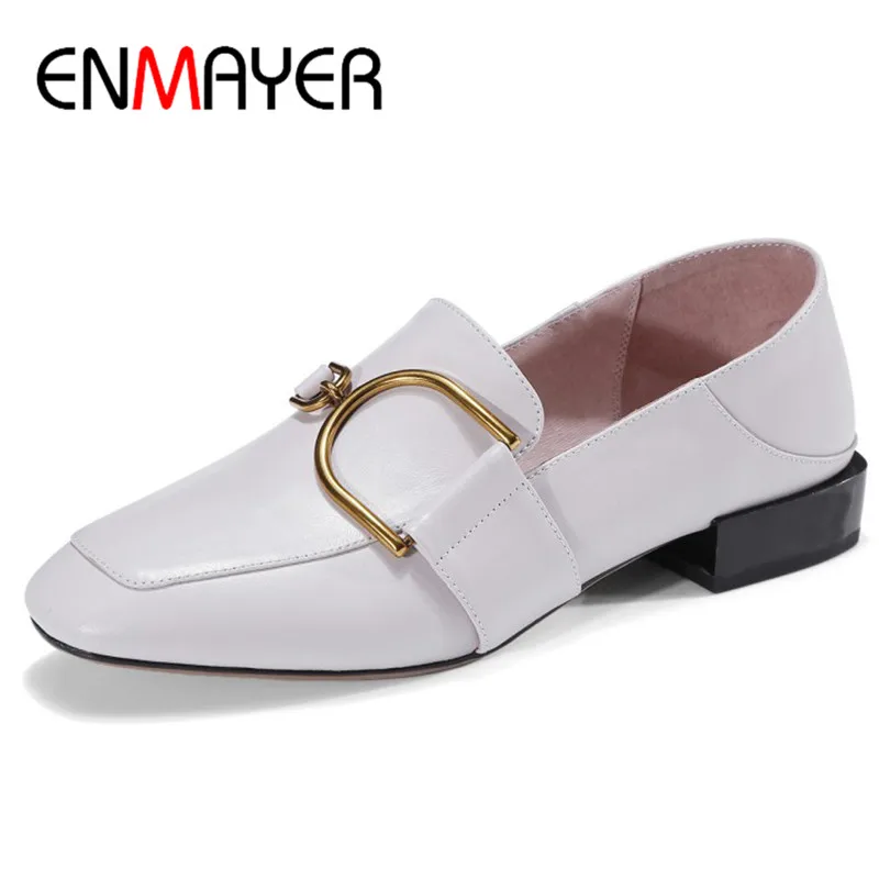 

ENMAYER Matel Decoration Square Heel Pumps Shoes Woman Genuine Leather Shoes Slip-on Round Toe Buckle Strap Pumps