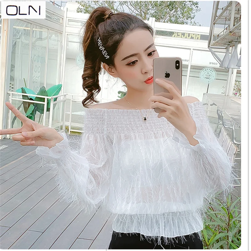 

Blouse Korean spring and summer word collar off shoulder small fresh fur tassel waist chiffon Blouse