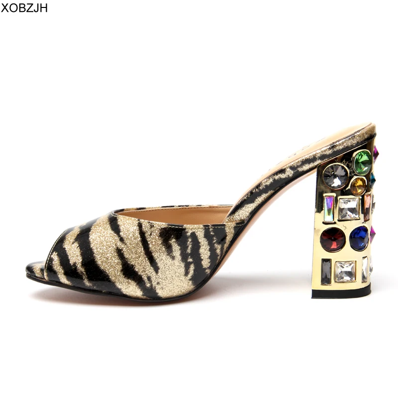 

Leopard Sandals Women Shoes 2019 Luxury Designer Crystal High Heels Peep Toe Rhinestone Sandals Ladies wedding Shoes Woman