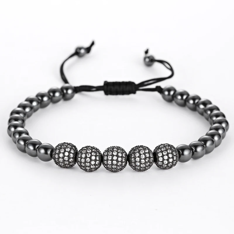 Mcllroy & Bangles Braiding Macrame Men Bracelets Pave Black 8mm CZ Ball Connector Jewelry & 6mm Titanium Steel Bracelets