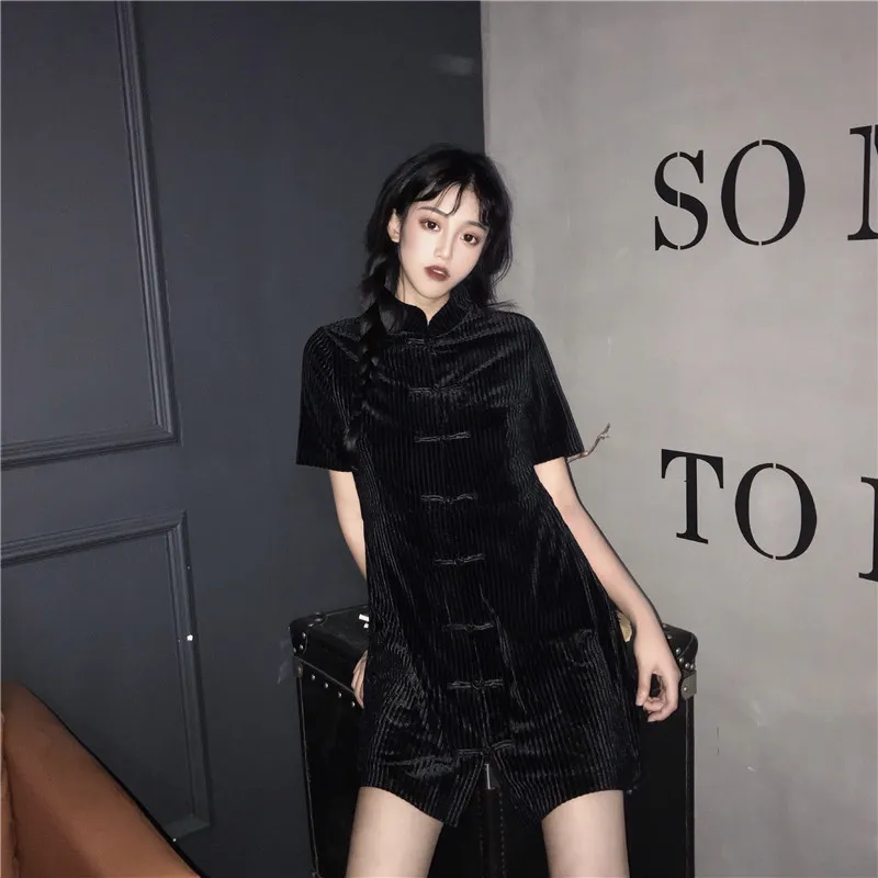 Винтаж свободные короткий рукав Cheongsam кнопка тонкий вельвет черный Мини платье женские готические сексуальные Лолита вечерние в Корейском стиле Harajuku Kawaii