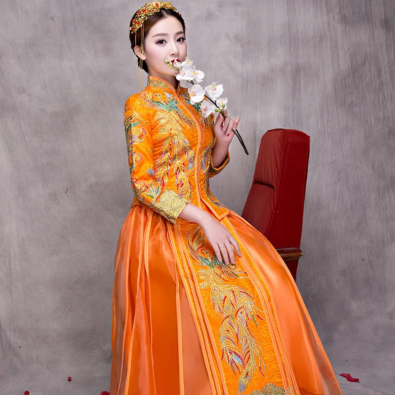 Свадебные cheongsam традиционное китайское платье невесты древних свадебный наряд костюмы женские вышивка феникс красный Qipao