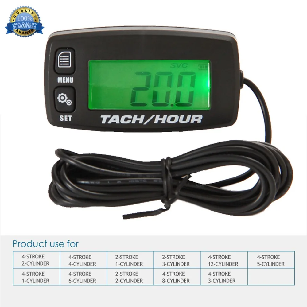 

Backlit Digital Resettable Engine Hour Meter Inductive Tachometer Gauge for motorcycle marine glider ATV snow blower lawn HM032A