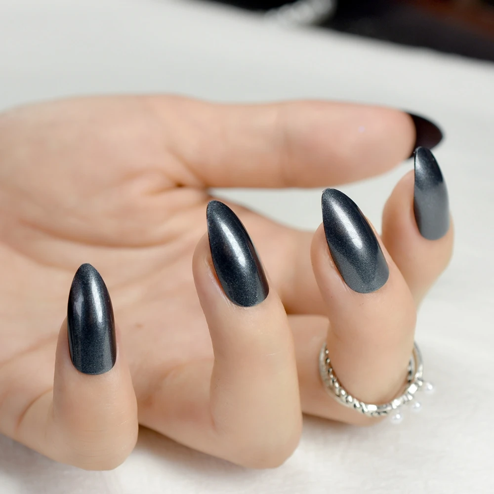Блестящие классические черные стилеты для дизайна ногтей, блестящее украшение, средний полный острый Искусственный лак для ногтей с клеем, стикер Z761