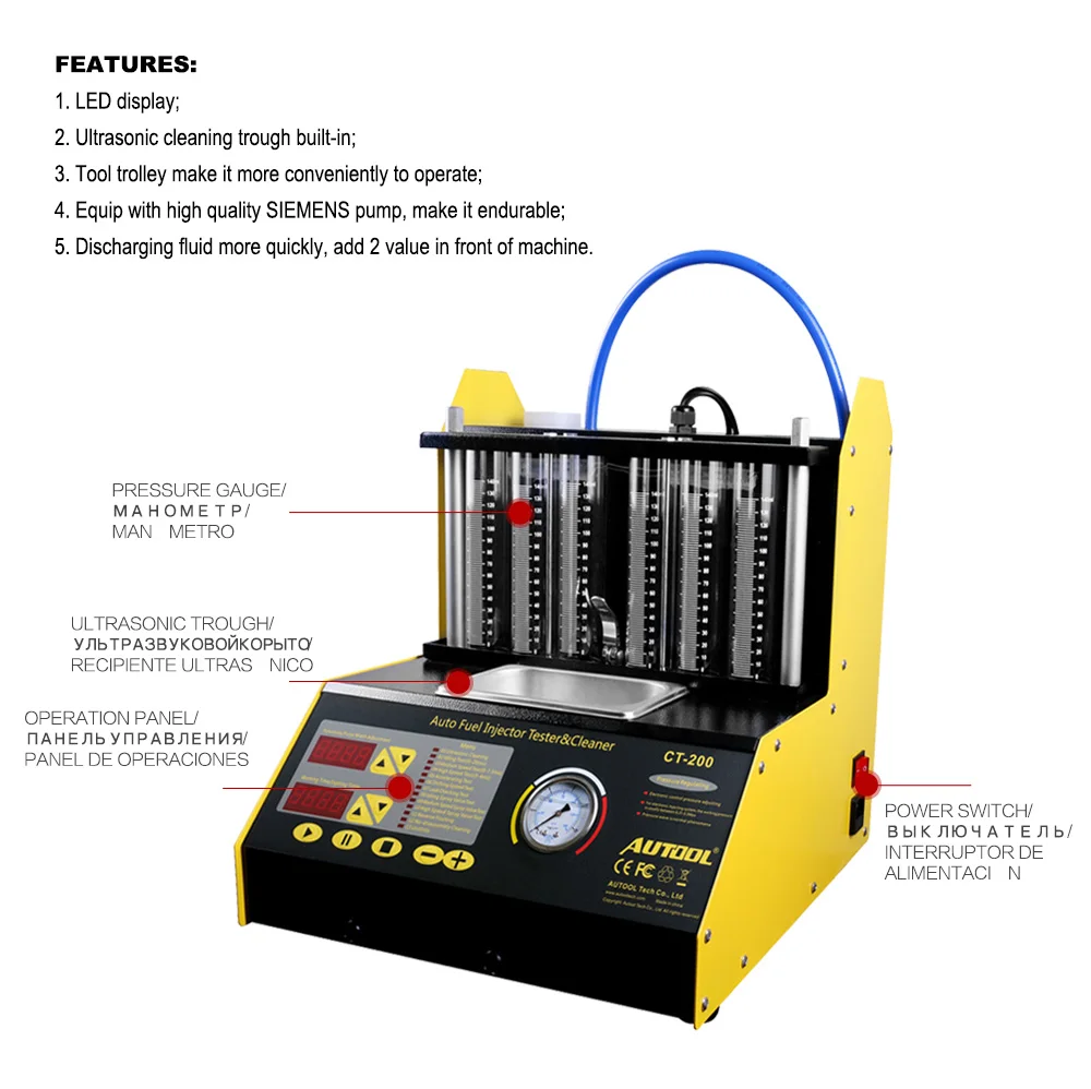 

CT200 Ultrasonic Fuel Injector Cleaning Machine Tester Injector Cleaner Car Motorcycle 6 4 Cylinder Clean Tool PK CNC602A