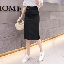 Корейская женская летняя и Весенняя Повседневная модная офисная юбка, длинная юбка до колена с карманами, новая женская мода