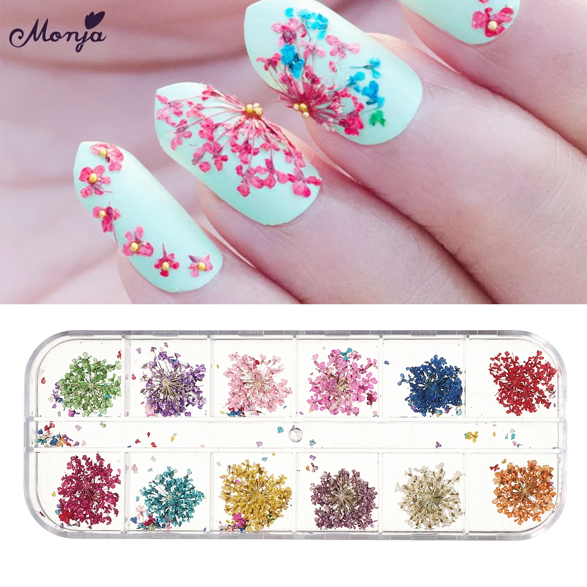 Monja 36pcs 12 flower Patterns 3D Dry Flowers Stickers Real Dried Flower Nail Art Decoration