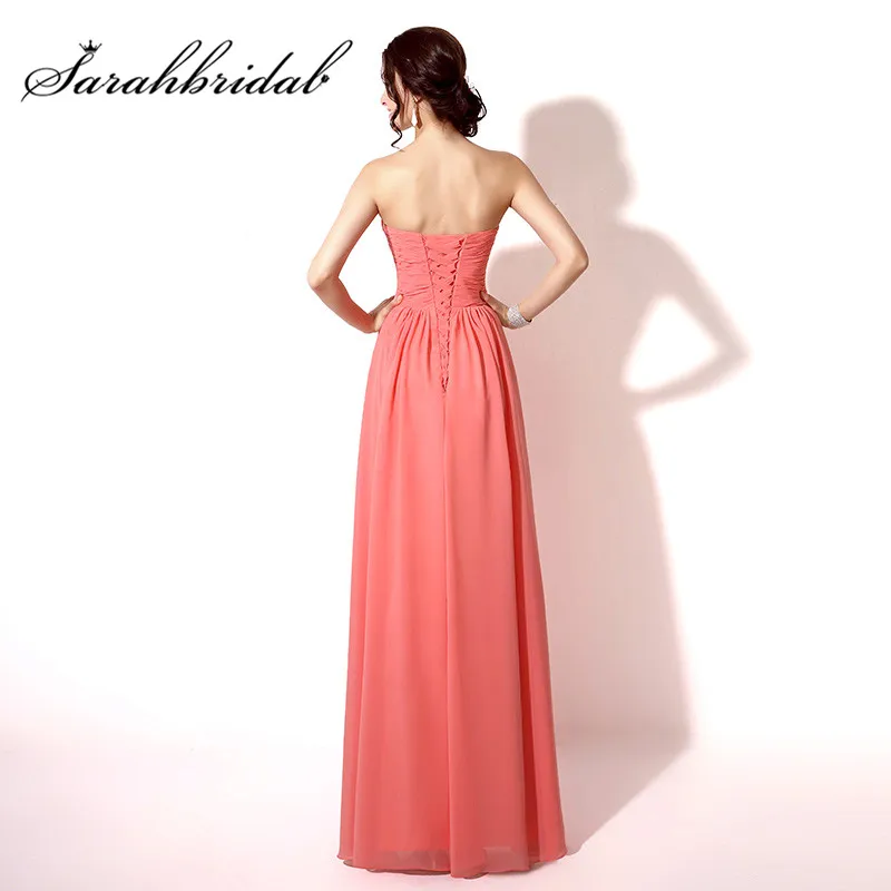 Coral Cheap Evening Dresses Long Chiffon Sexy Sweetheart Pleats Lace Up Back Floor Length Party Prom Gowns SD182
