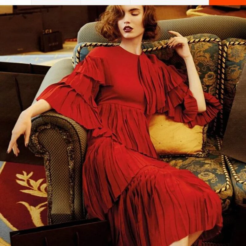 Nieuwe item leuke dame zomer dress 2017 hot red dress hoge kwaliteit vintage lolita chiffon ruches lange dress Nieuwe item leuke dame zomer dress 2017 hot red dress hoge kwaliteit vintage lolita chiffon ruches lange dress