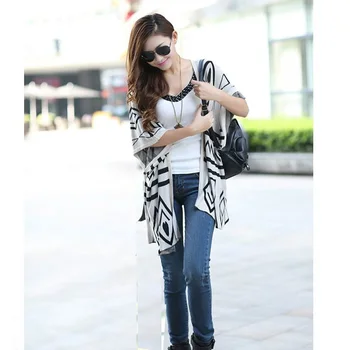 

Women Waterfall Cardigan Irregular Tribal Print Asymmetric Geometric Coat Poncho de inverno Knitwear TB06301020005