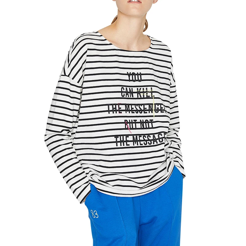 Toyouth otoño letra algodón camisetas de manga larga de rayas de otoño camisetas sueltas para mujeres Camiseta femenina Casual cuello redondo Tops