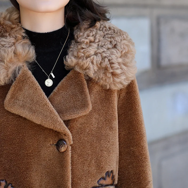 Sheep Shearling Fur Winter Jacket Women Clothes Wool Jacket Lamb Fur Collar Korean Elegant Suede Lining Long Coat ZT642