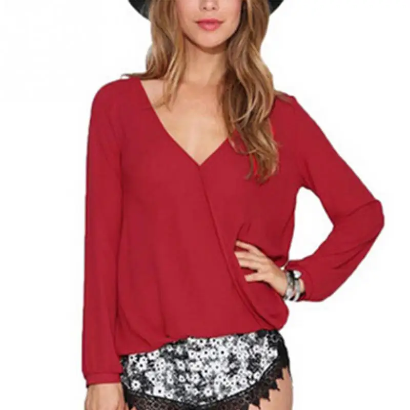 Sexy V Neck Chiffon Blouse Blusas Femininas Women Solid Shirt Autumn Winter ladies Long Sleeve Blous Fashion Top Black/Red/White
