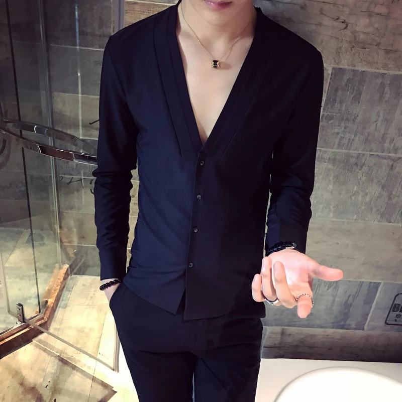  New Fashion V-Neck Shirts men White Wine Red Black Slim fit Elegant Men Dress Shirt Size 3XL