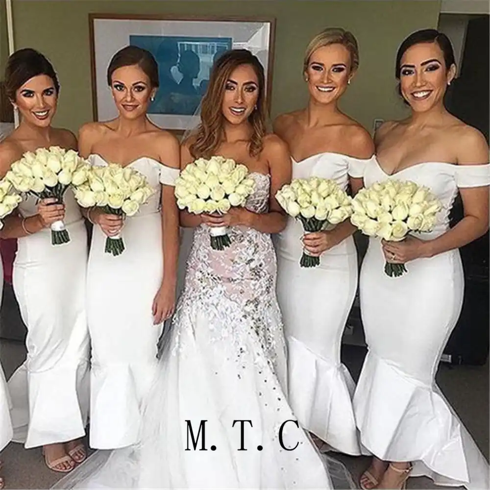 Mermaid White Bridesmaid Dresses Off The Shoulder Elastic Satin Mermaid White Bridesmaid Dresses Off