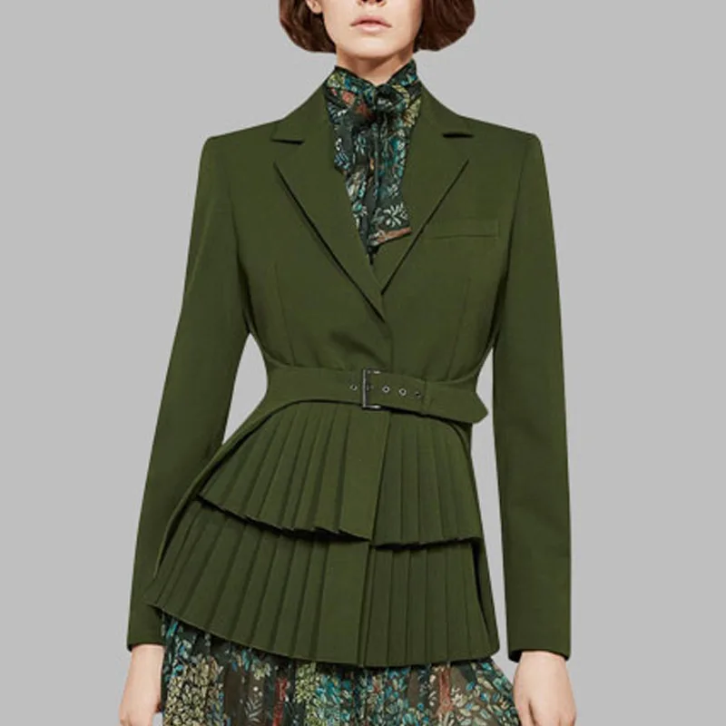 2018 New Autumn Winter Pleated Women Long Blazers Fashion Single Breasted Sashes Slim Blazer Long Sleeve Female Tops
