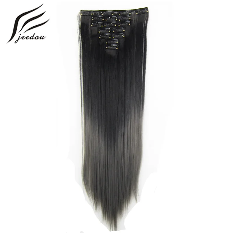 jeedou 22inch Long Natural Ombre black Gray Clip In Hair Extension Heat