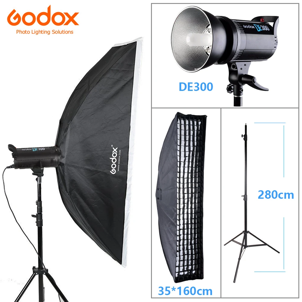Godox DE300 300 W/300WS фотостудийная вспышка светильник мерцающий светильник ing комплект+ 35x160 см софтбокс с решеткой с быстрой установкой Bowens Mount+ 2,8 м светильник стенд