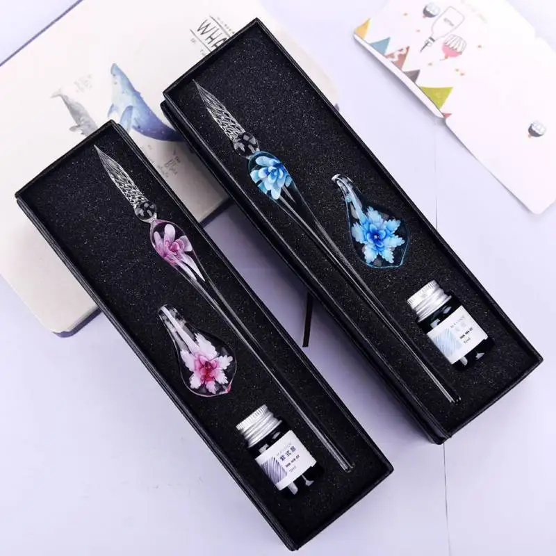 

Banquet Gifts Glass Signature Pen for Party Favors Flower Ink Writing Glass Pen with Case Wedding Valentine's Day Decor AB