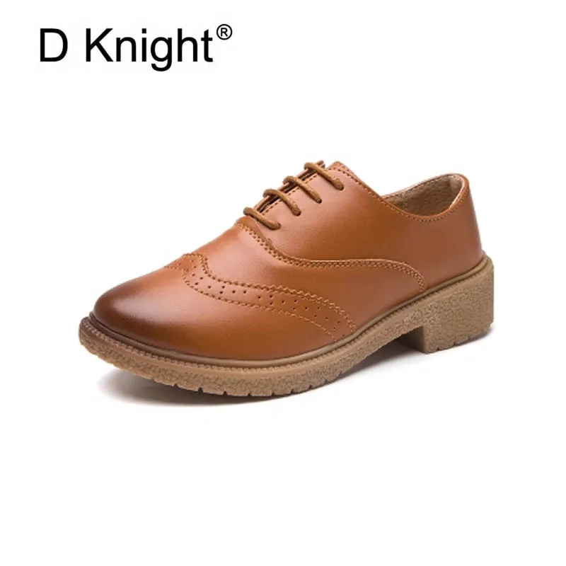 

New Genuine Cow Leather Women Oxfords Vintage Brush Carved Oxfords For Women Ladies Casual Lace Up Flat Oxford Shoes Size 33-41
