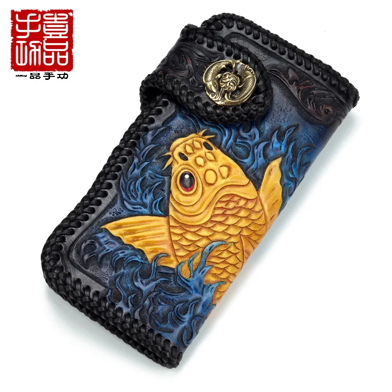 

Wallet, men's leather, retro, hand-made head leather carving, clasp, braiding, money clip, large-capacity ethnic-style carp