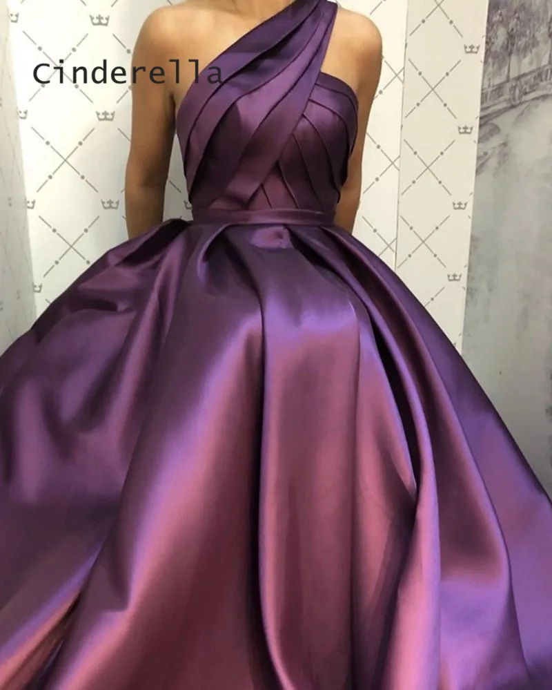 

Cinderella One Shoulder Sleeveless A-Line Floor Length Satin Pleated Long Women Prom Dresses Side Slit Party Gown For Prom
