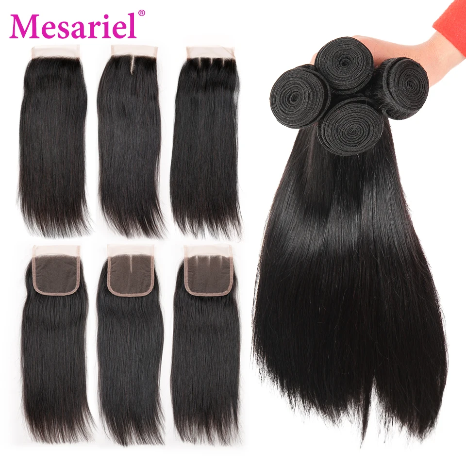 Mesariel Straight Hair Bundles With Closure Brazilian Hair Weave 2 3 4 Human Hair Bundles With Closure Non-remy Hair Extension