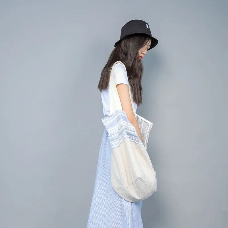 

women cotton cloth handbags canvas shoulder bags ladies shopping bag vintage large totes all match handbag stripe