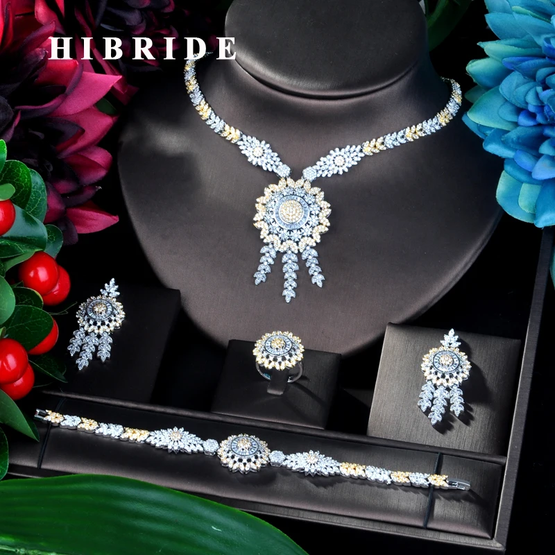 

HIBRIDE Fashion Big Pendant Double Tone Bracelet Jewelry Set CZ Earrings Necklace Women Bridal Jewelry Set Party Gifts N-909