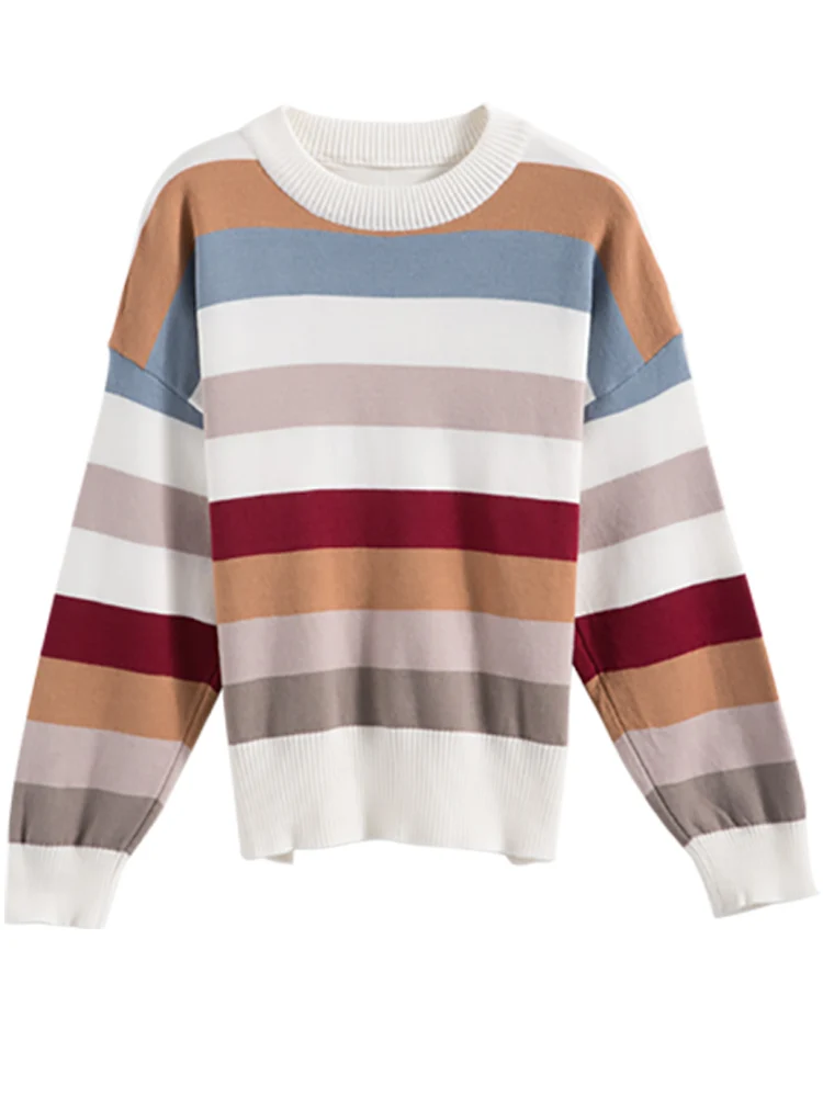 Women Colorful Striped Casual Sweater Winter Fashion  Long-sleeve Sweater Warm Pullovers Female Winter knit Sweaters CGM18198